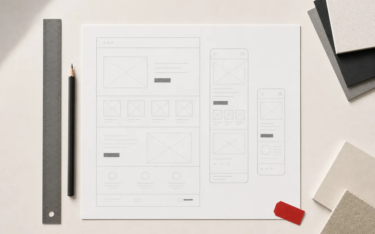 Proces izrade web stranice prikazan kroz wireframe za desktop i mobilne uređaje
