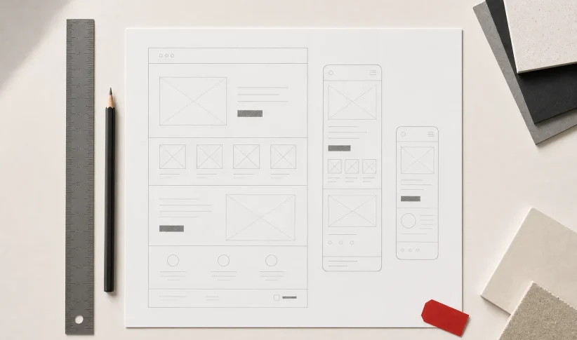 Proces izrade web stranice prikazan kroz wireframe za desktop i mobilne uređaje